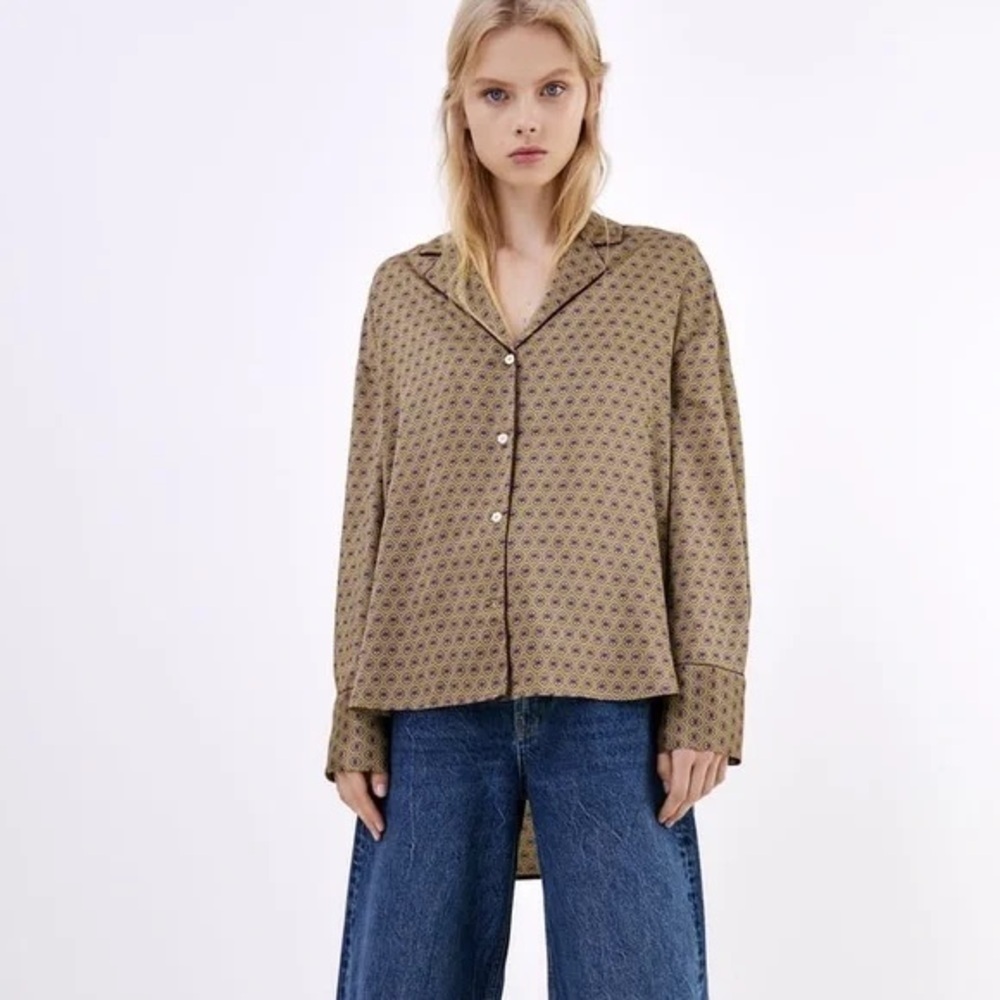 Zara Brown Patterned Button-Up Geometric Patterned Pajama Top Blouse Size Medium